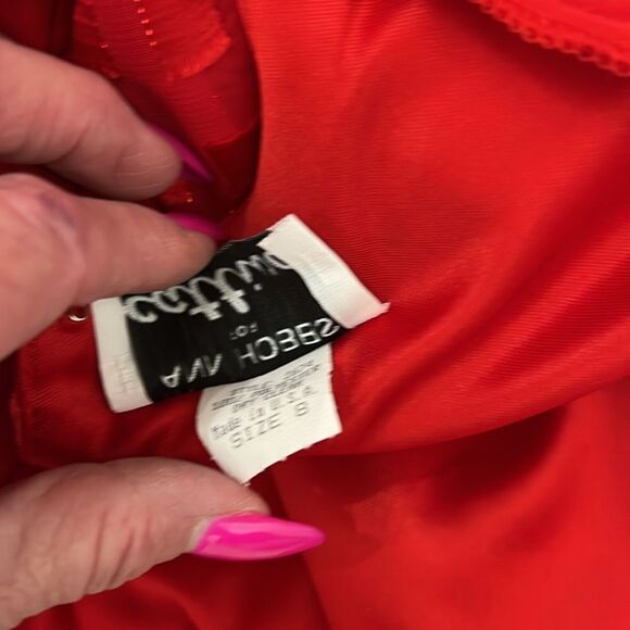 Ann Hobbs For Cattiva Dress Red Square Neck Short Sleeve Sheer Ruffle Midi Lined - Picture 10 of 11